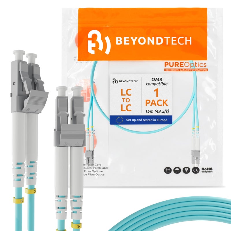 BEYONDTECH 15m (49.2ft) LC to LC Fiber Patch Cable â€“ UPC Multimode Duplex Fiber Optic Cable â€“ 50/125Âµm core, Compatible with OM3 â€“ 10G LSZH PUREOptics Series - Image 1